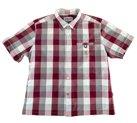 Carhartt Rework Box Fit - Burgundy Grey Plaid Check Short Sleeve Button Up Vintage Workwear Box Shirt,Size-XL