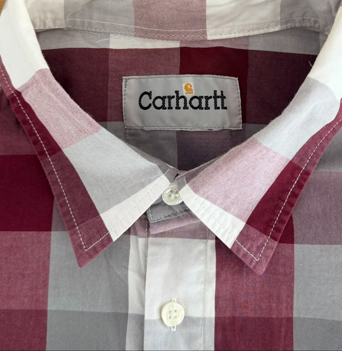 Carhartt Rework Box Fit - Burgundy Grey Plaid Check Short Sleeve Button Up Vintage Workwear Box Shirt,Size-XL