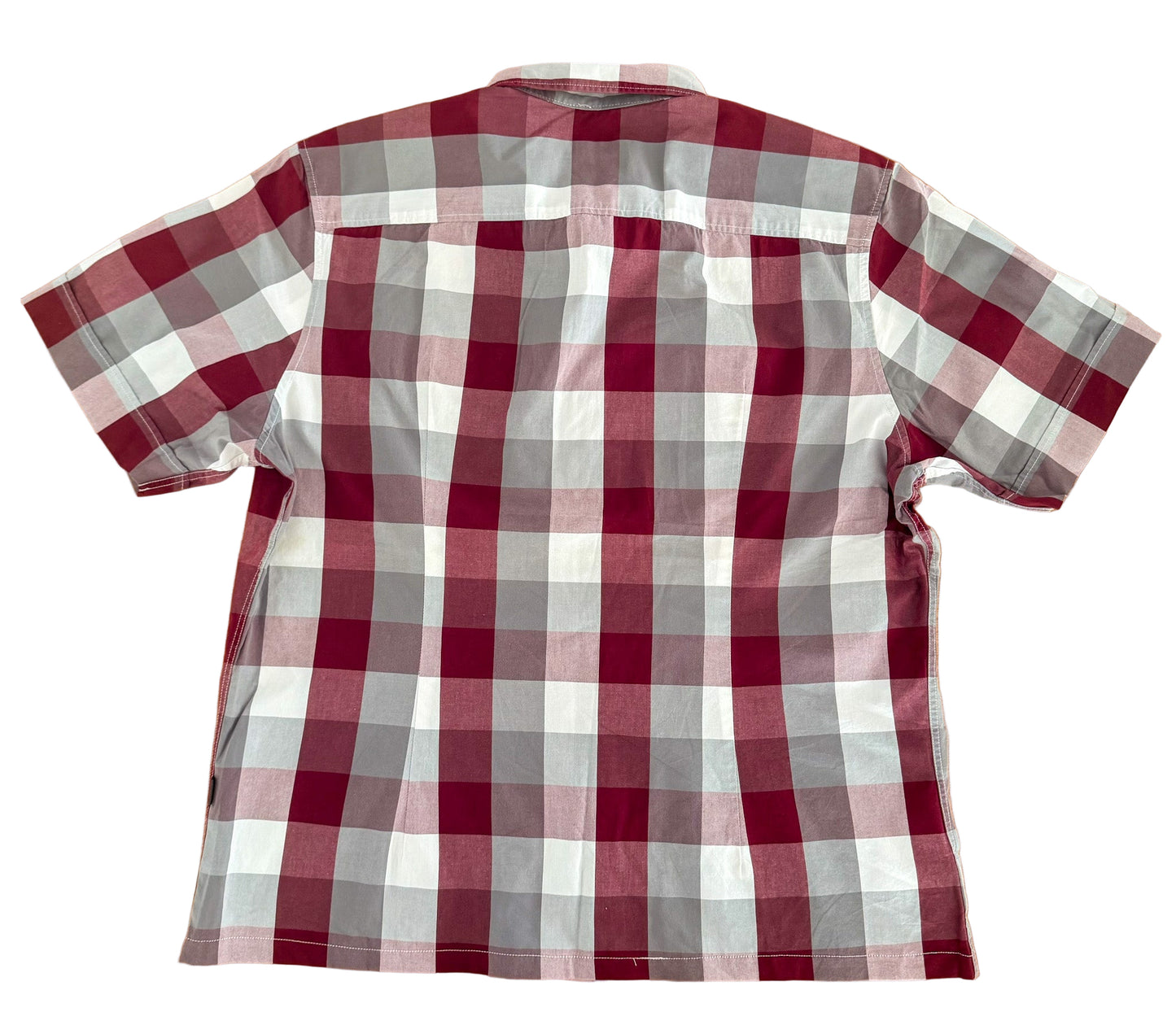 Carhartt Rework Box Fit - Burgundy Grey Plaid Check Short Sleeve Button Up Vintage Workwear Box Shirt,Size-XL
