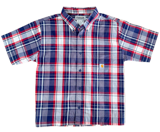 Carhartt Rework Box Fit-Red Navy Plaid Check Short Sleeve Button-Up Vintage Workwear Streetwear Reconstructed Shirt, Size-Medium