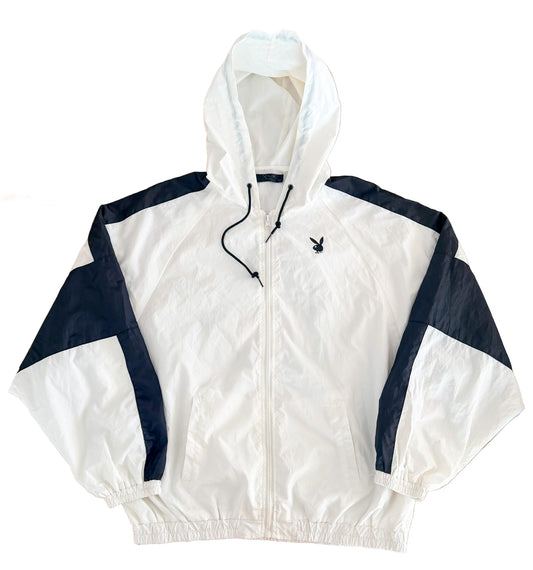 Playboy Triangle Logo Branded Windbreaker Jacket – White Hooded Zip-Up 2000s Vintage Y2K Streetwear Lightweight Nylon Shell,Size-XL