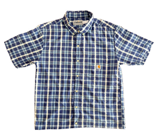 Vintage Carhartt Blue Plaid Short Sleeve Button-Up Shirt – Boxy Fit Workwear Style, Size-Medium