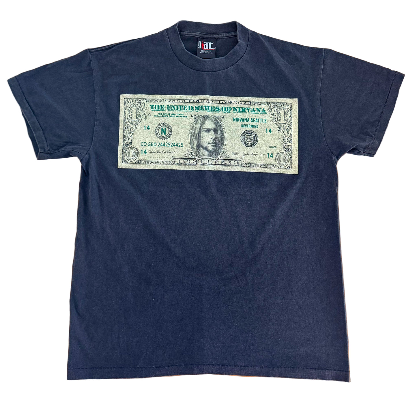 Vintage 90s Nirvana “United States of Nirvana” Kurt Cobain Dollar Bill Giant Tag T-Shirt – Made in USA, Size-Large