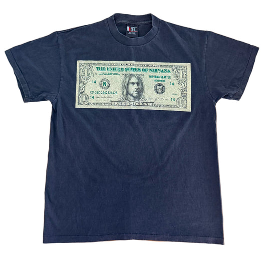 Vintage 90s Nirvana “United States of Nirvana” Kurt Cobain Dollar Bill Giant Tag T-Shirt – Made in USA, Size-Large