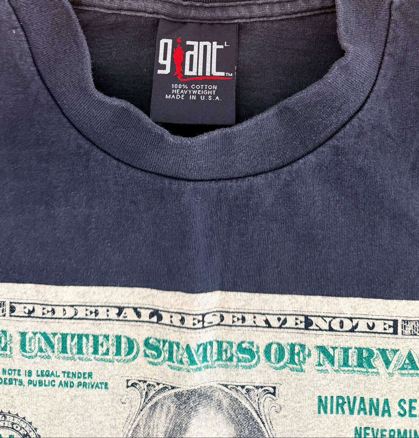 Vintage 90s Nirvana “United States of Nirvana” Kurt Cobain Dollar Bill Giant Tag T-Shirt – Made in USA, Size-Large