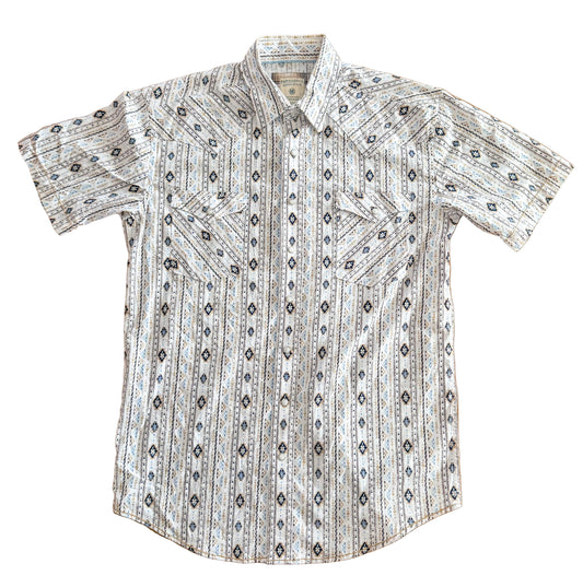 Vintage Panhandle Rough Stock Western – Aztec Print Pearl Snap Short Sleeve Cowboy Shirt, Size-Medium