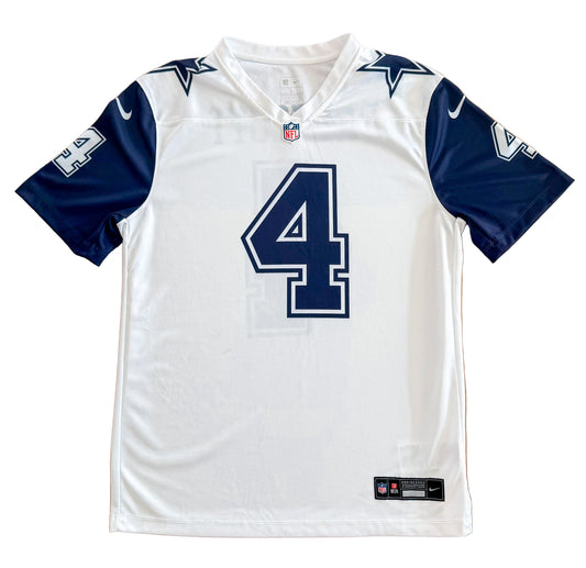 Dallas Cowboys Dak Prescott #4 Nike Game Jersey – White & Navy NFL Football Fan Shirt, Size-Large