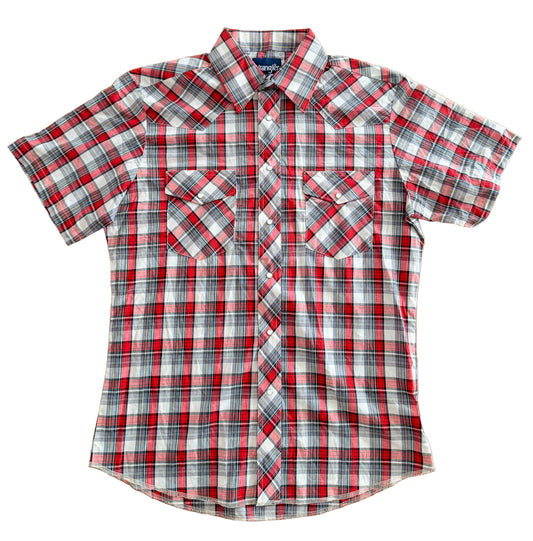 Vintage Wrangler Western Plaid Snap Red Grey Short Sleeve Cowboy Button-Up Shirt, Size-Medium