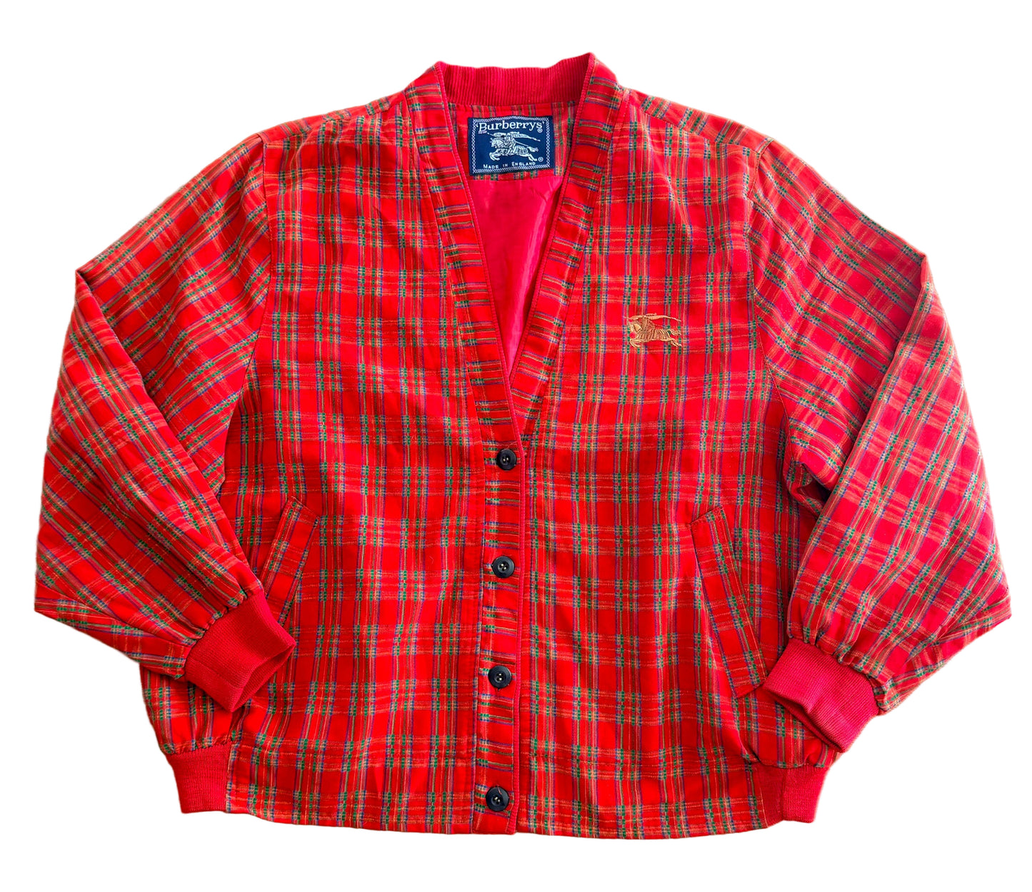 Vintage Burberrys Tartan Jacket Red Plaid Knight Logo Embroidered Made in England – Large