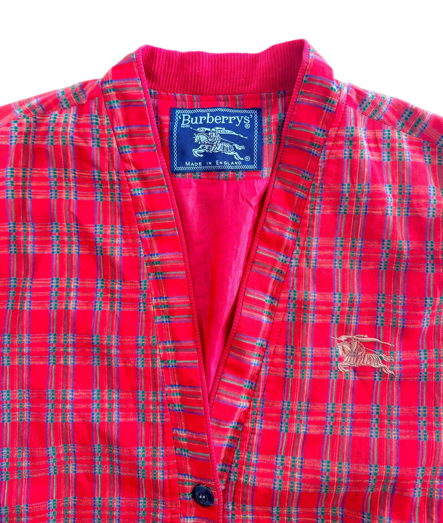 Vintage Burberrys Tartan Jacket Red Plaid Knight Logo Embroidered Made in England – Large