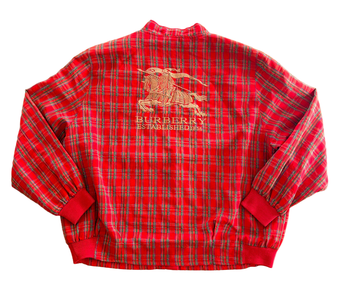 Vintage Burberrys Tartan Jacket Red Plaid Knight Logo Embroidered Made in England – Large
