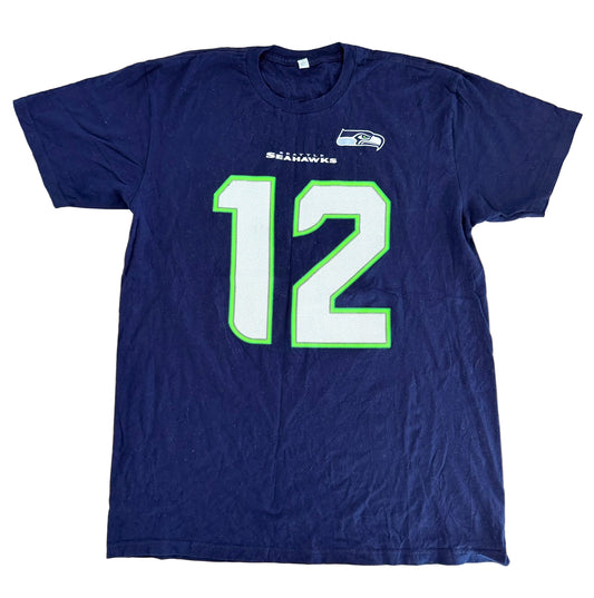 Vintage Seattle Seahawks “12th Man Fan” NFL Graphic T-Shirt – Navy Blue – Size M
