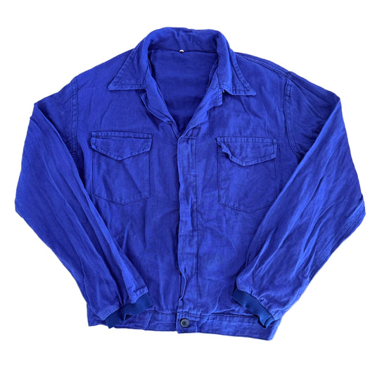 Vintage 70s Royal Blue French Chore Jacket – Workwear Utility Cotton Button-Up – Size Medium