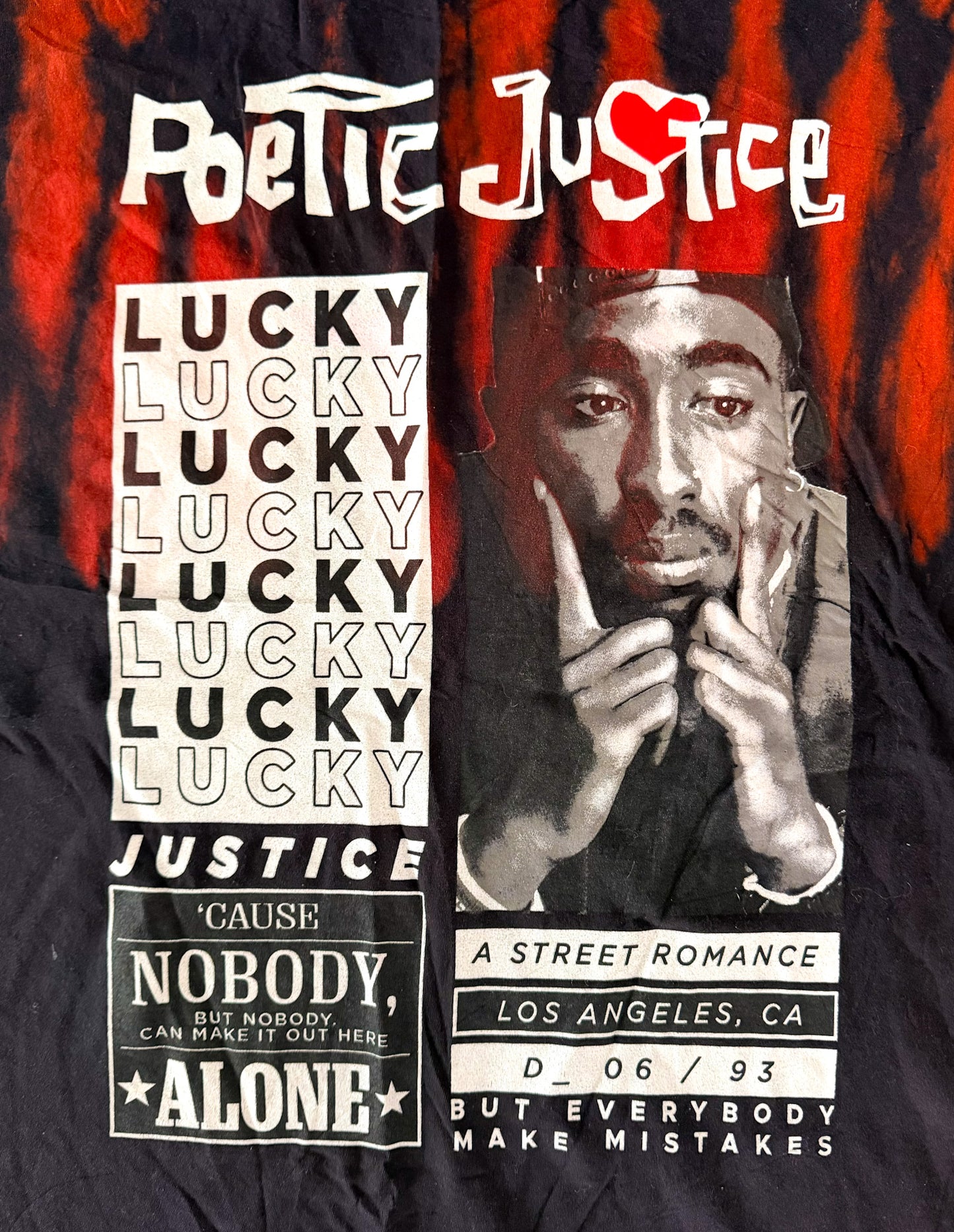 Vintage Poetic Justice Tupac Graphic Tie-Dye – 90s Hip-Hop Rap T-shirt– Red & Black Streetwear, Size-XL