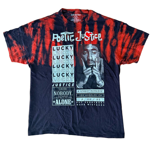 Vintage Poetic Justice Tupac Graphic Tie-Dye – 90s Hip-Hop Rap T-shirt– Red & Black Streetwear, Size-XL