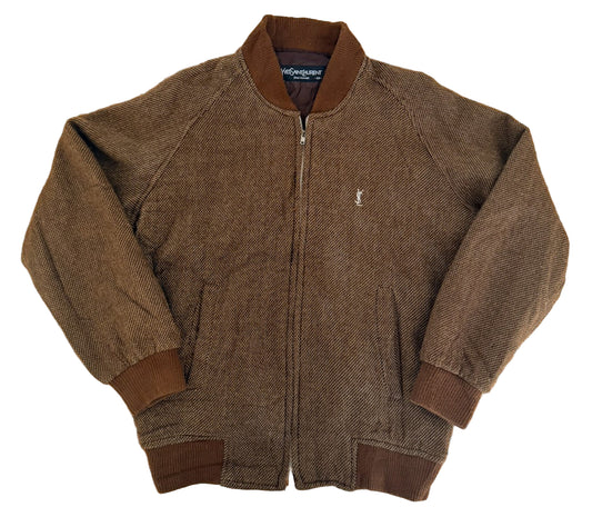 Vintage Yves Saint Laurent Pour Homme Brown Wool Bomber Jacket | YSL Embroidered Logo Zip-Up | 90s Designer Outerwear XL