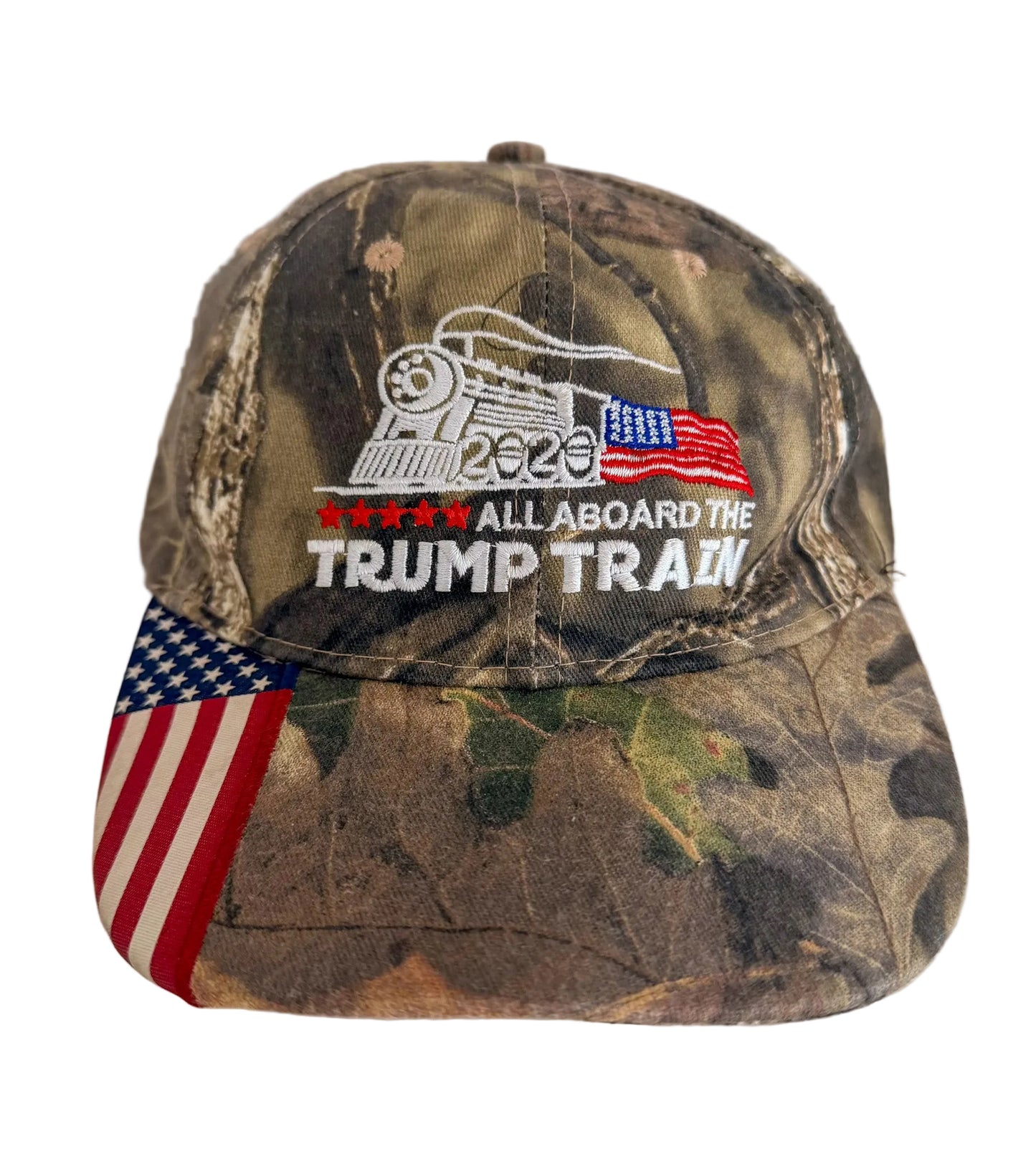 Vintage Camo “All Aboard the Trump Train 2020” Embroidered Hat – American Flag Brim, Adjustable Cap, USA Patriotic Election Memorabilia