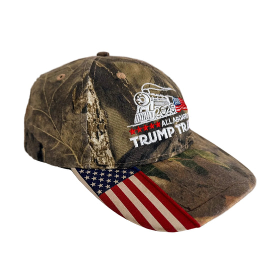 Vintage Camo “All Aboard the Trump Train 2020” Embroidered Hat – American Flag Brim, Adjustable Cap, USA Patriotic Election Memorabilia