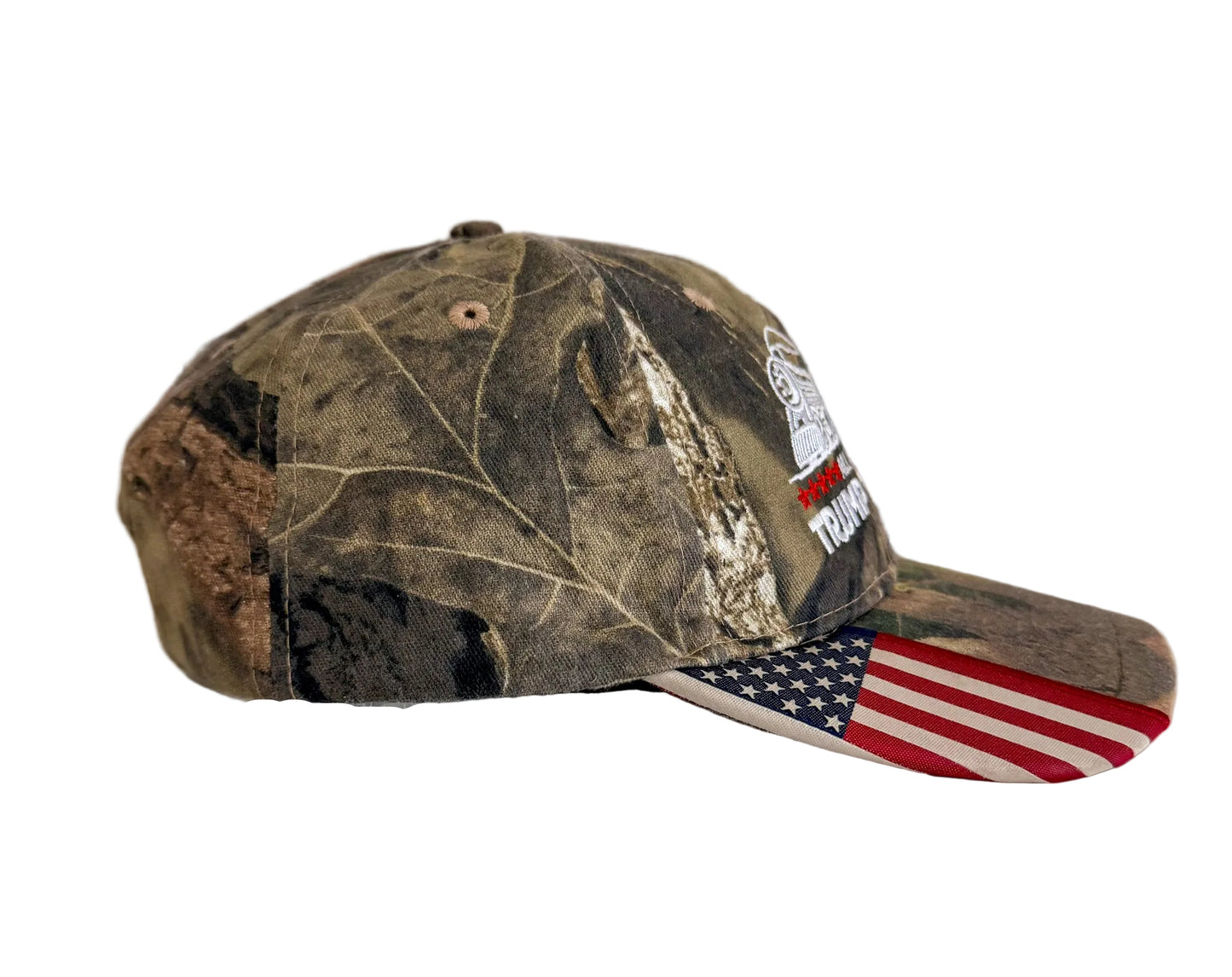 Vintage Camo “All Aboard the Trump Train 2020” Embroidered Hat – American Flag Brim, Adjustable Cap, USA Patriotic Election Memorabilia