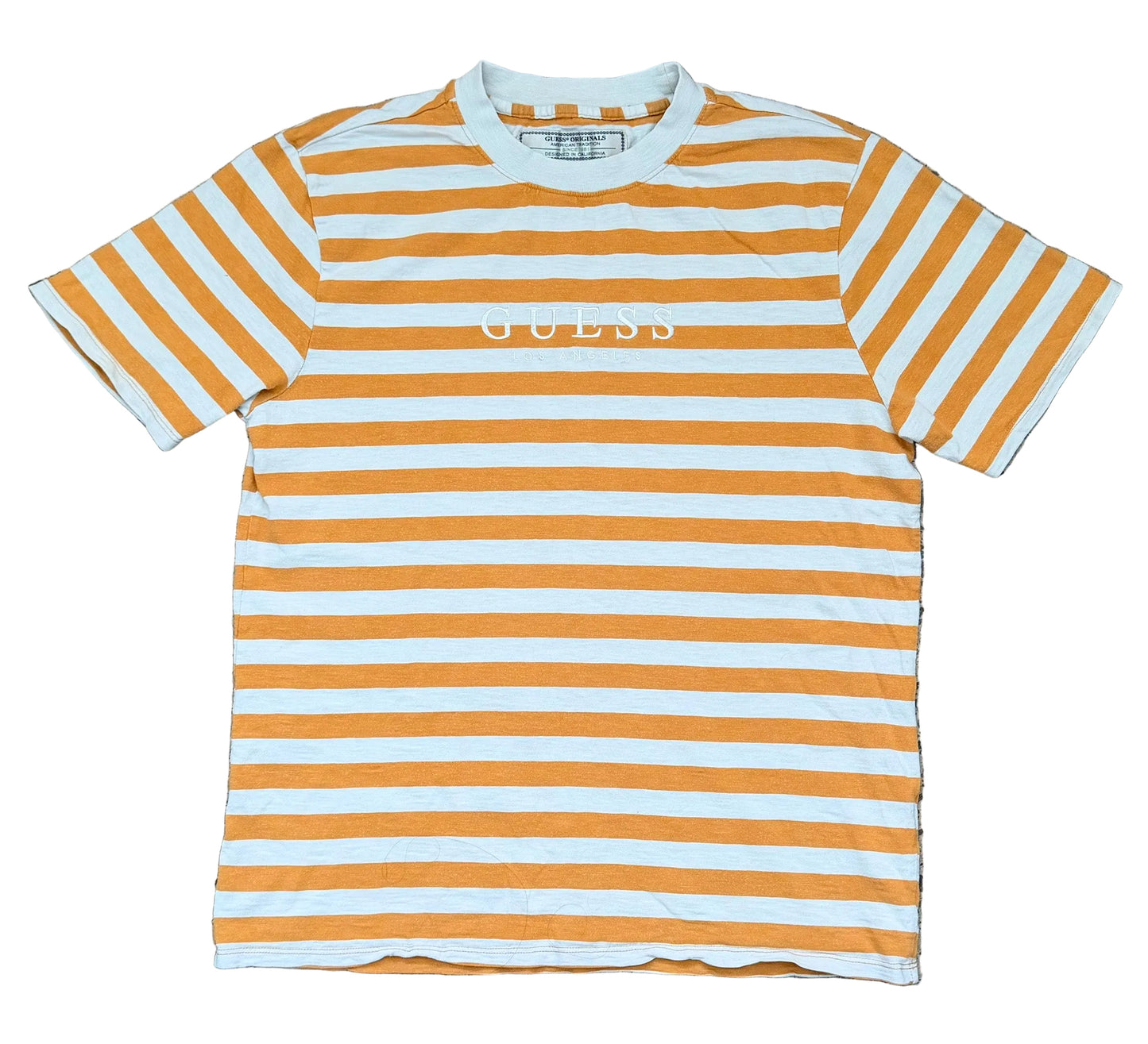 Vintage Guess Originals Los Angeles Striped T-Shirt Mustard White Embroidered Logo 90s Y2K XL