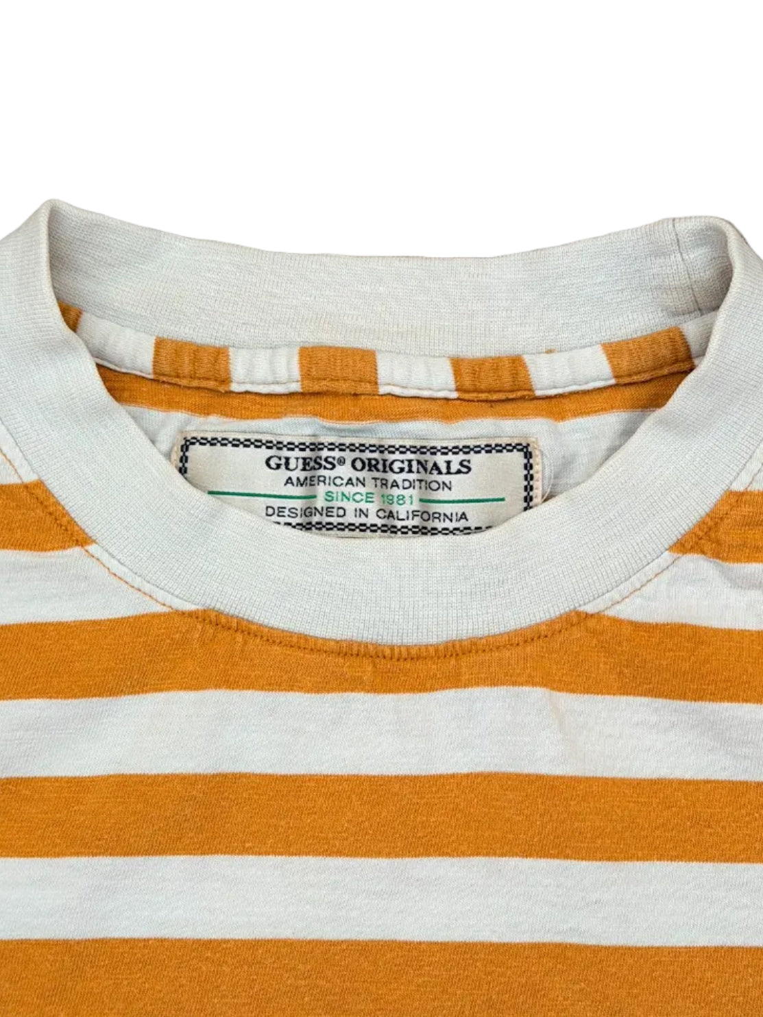 Vintage Guess Originals Los Angeles Striped T-Shirt Mustard White Embroidered Logo 90s Y2K XL