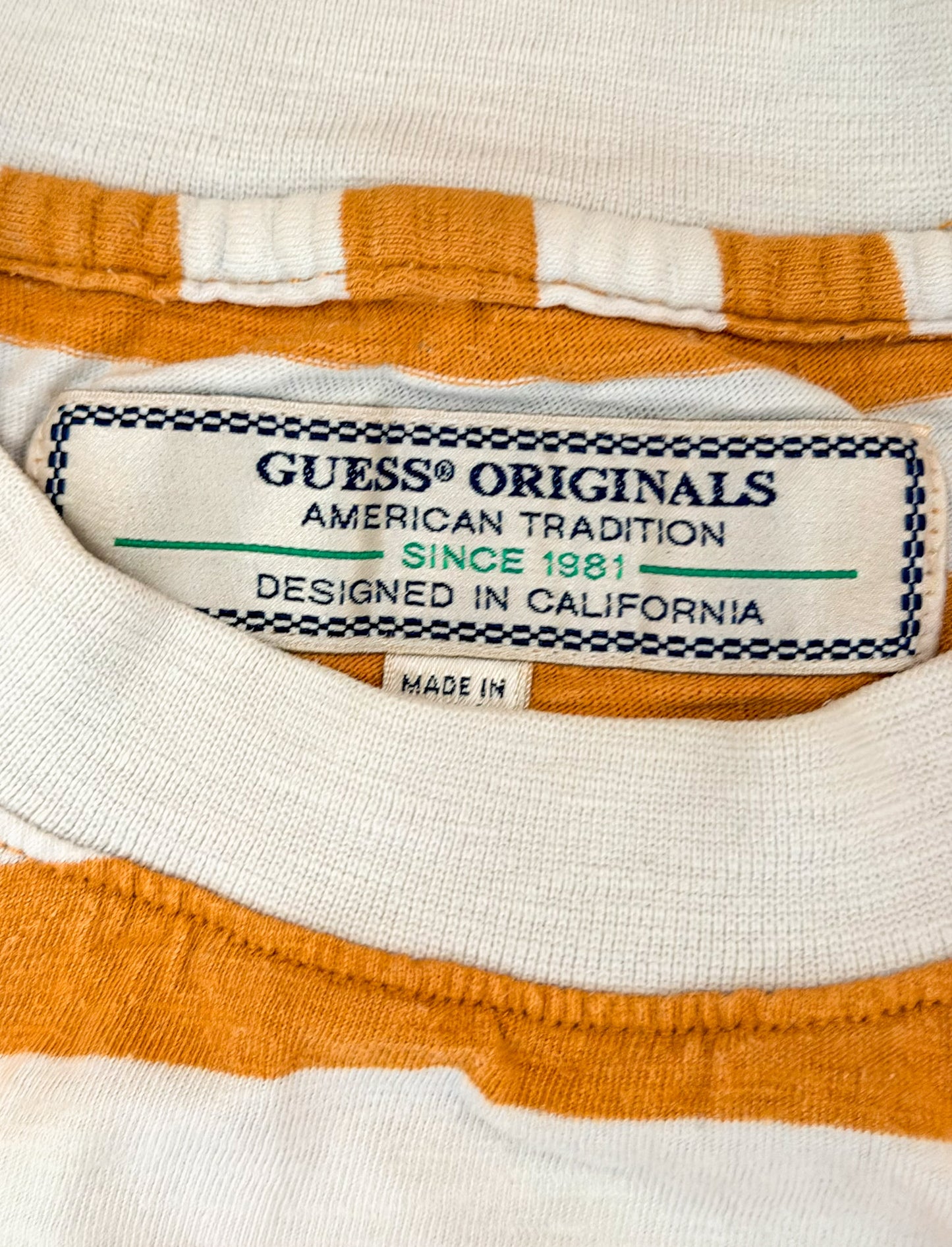 Vintage Guess Originals Los Angeles Striped T-Shirt Mustard White Embroidered Logo 90s Y2K XL