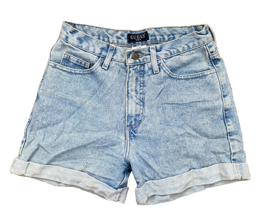 Vintage 90s Guess Branded Lightwash High Waist Rolled Hem Denim Shorts, Size-28" Waist