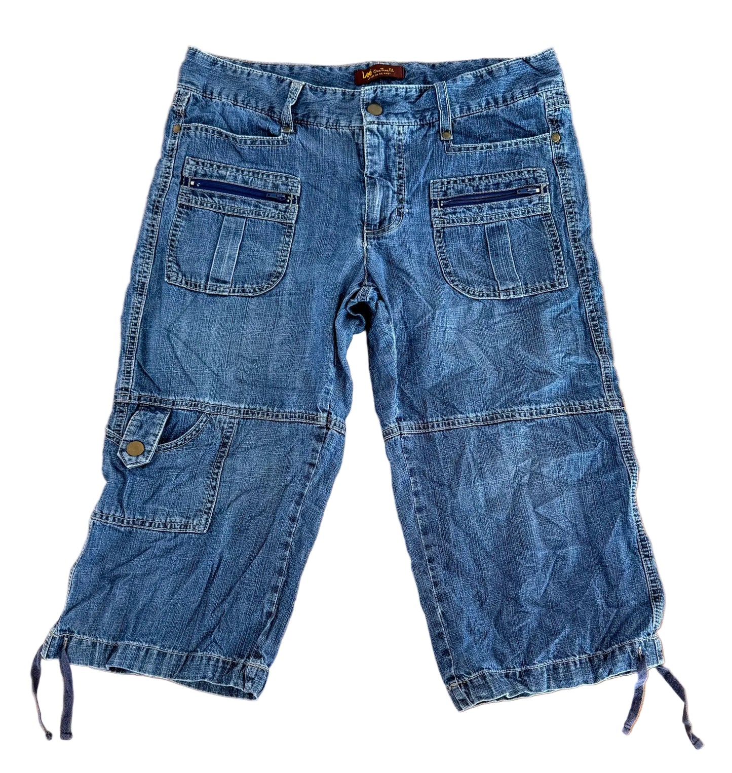 Vintage Y2K Lee “One True Fit” Blue Wash Utility Pockets Denim Adjustable Hem Streetwear Cargo Capri Pants,Size-34"Waist