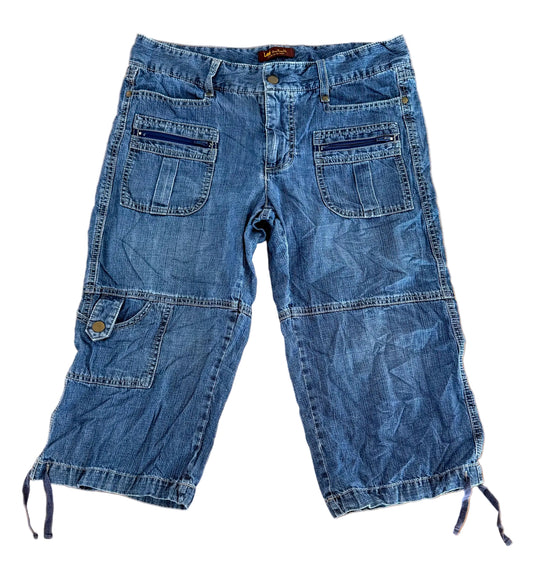 Vintage Y2K Lee “One True Fit” Blue Wash Utility Pockets Denim Adjustable Hem Streetwear Cargo Capri Pants,Size-34"Waist