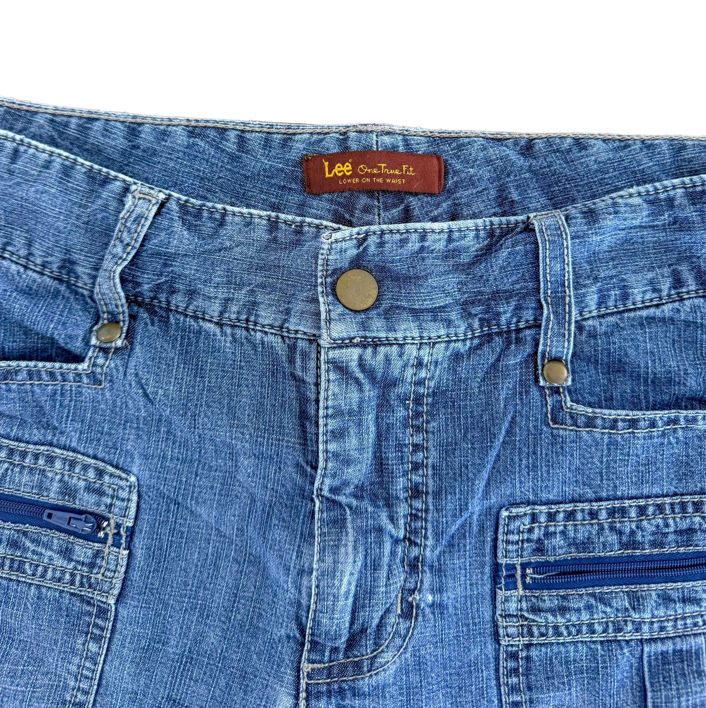 Vintage Y2K Lee “One True Fit” Blue Wash Utility Pockets Denim Adjustable Hem Streetwear Cargo Capri Pants,Size-34"Waist