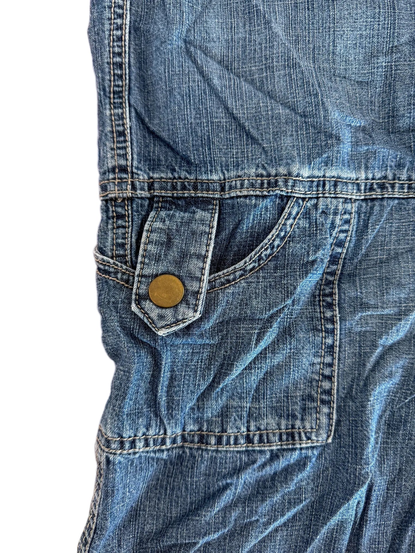 Vintage Y2K Lee “One True Fit” Blue Wash Utility Pockets Denim Adjustable Hem Streetwear Cargo Capri Pants,Size-34"Waist