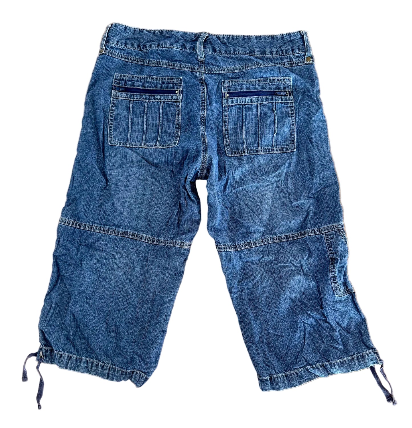 Vintage Y2K Lee “One True Fit” Blue Wash Utility Pockets Denim Adjustable Hem Streetwear Cargo Capri Pants,Size-34"Waist