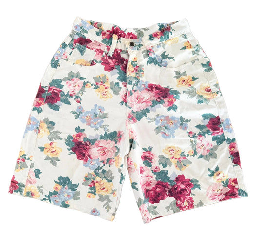Vintage Zena Floral Denim Shorts White Rose Print High Waist 90s Y2K Womens XL