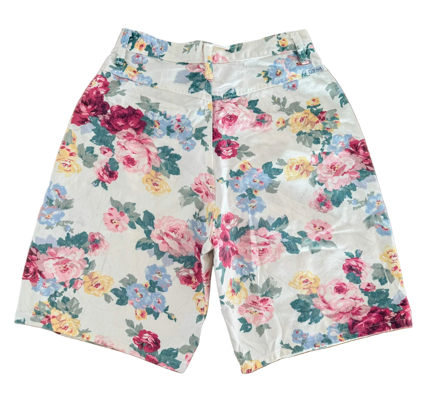 Vintage Zena Floral Denim Shorts White Rose Print High Waist 90s Y2K Womens XL