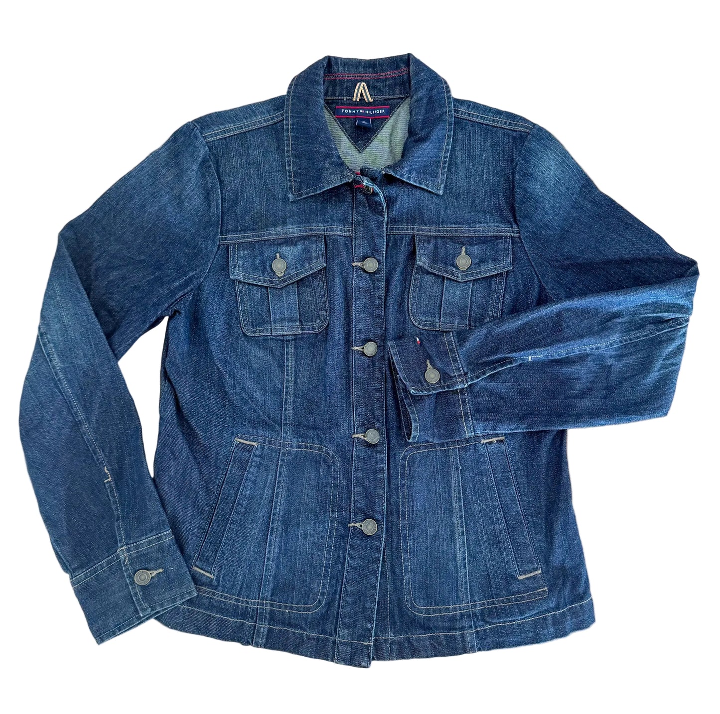 Vintage Tommy Hilfiger Dark Wash Denim Button Up Utility Pockets 90s Y2K Womens Jacket, Size-Large