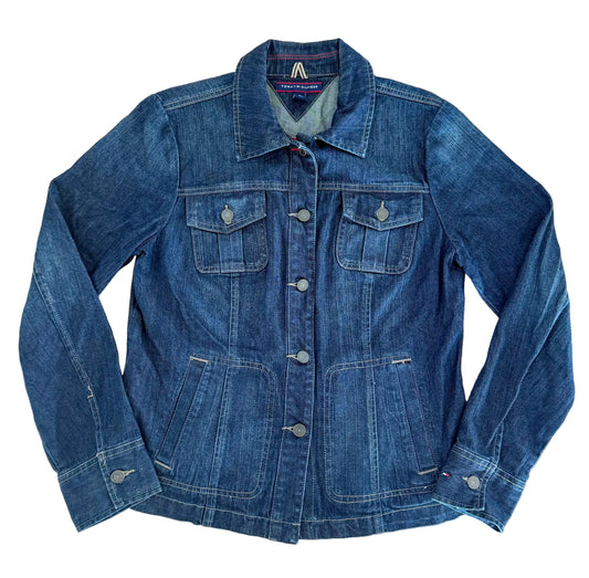 Vintage Tommy Hilfiger Dark Wash Denim Button Up Utility Pockets 90s Y2K Womens Jacket, Size-Large