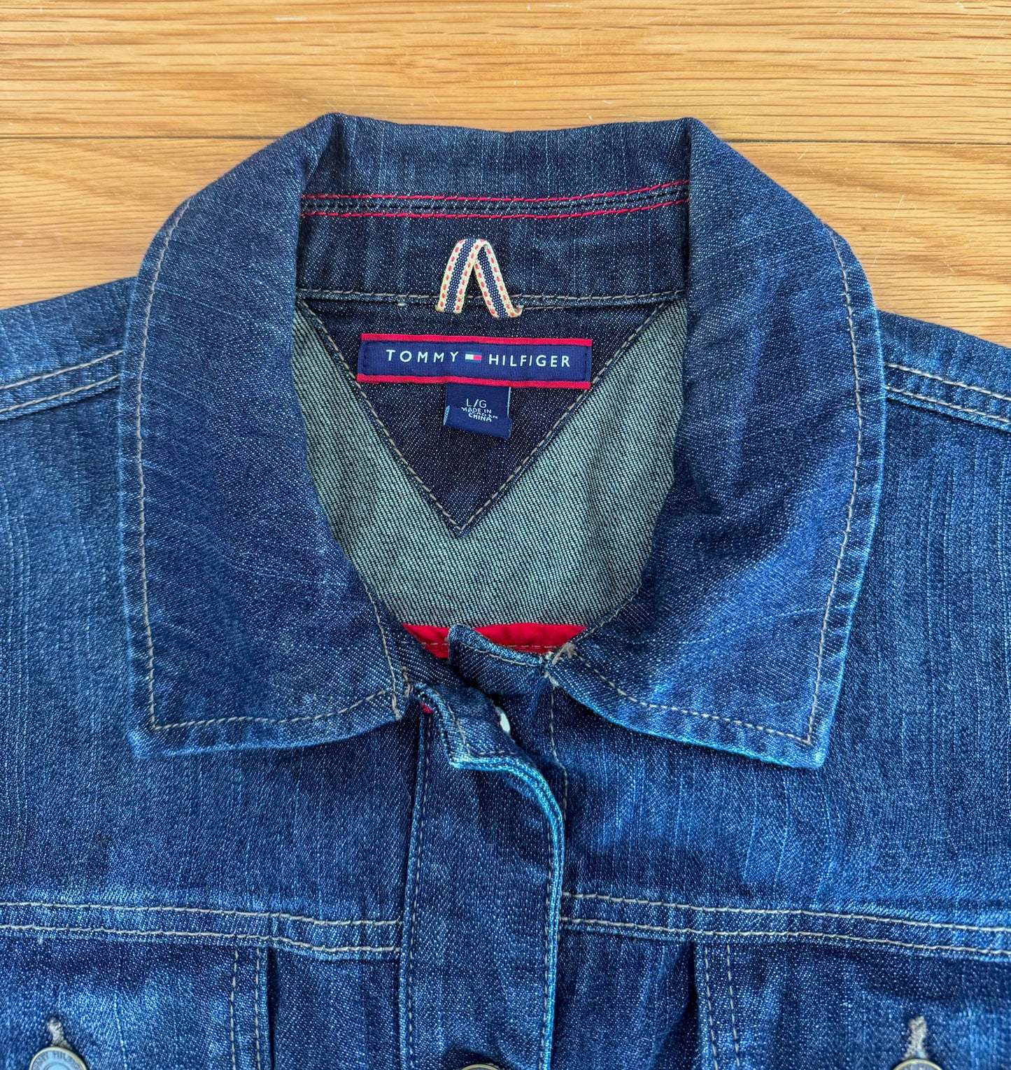 Vintage Tommy Hilfiger Dark Wash Denim Button Up Utility Pockets 90s Y2K Womens Jacket, Size-Large