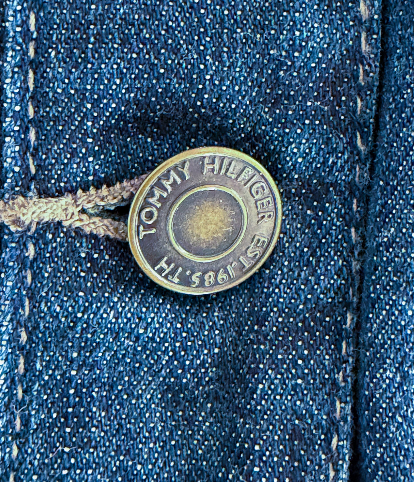 Vintage Tommy Hilfiger Dark Wash Denim Button Up Utility Pockets 90s Y2K Womens Jacket, Size-Large