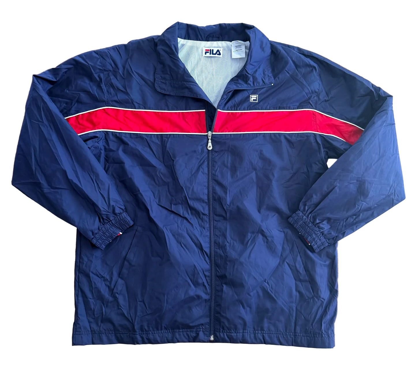 Vintage 90s Fila Blue and Red Stripe Branded Streetwear Windbreaker Jacket Large