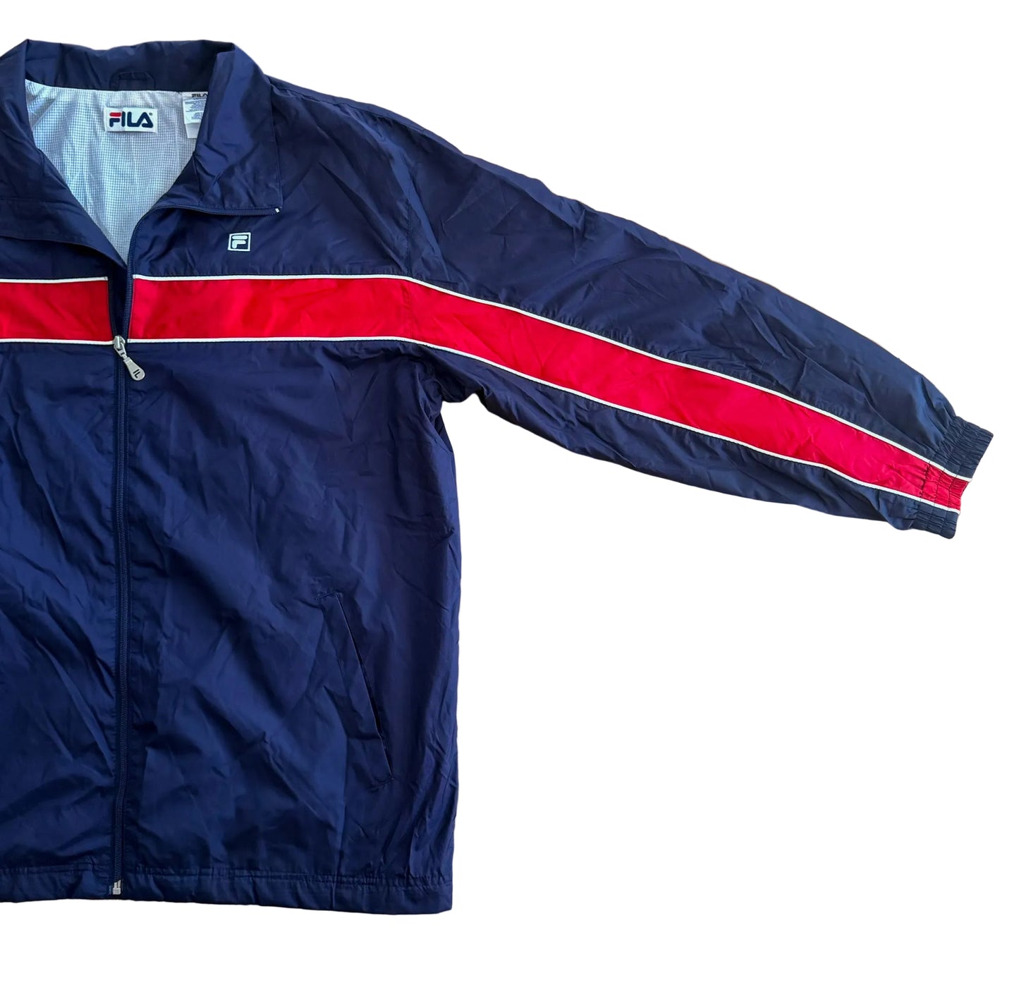 Vintage 90s Fila Blue and Red Stripe Branded Streetwear Windbreaker Jacket Large