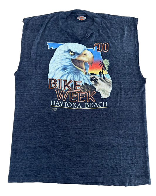 Vintage 1990 Harley-Davidson Bike Week Daytona Beach Sleeveless Shredded T-Shirt Cut Off Tee XL