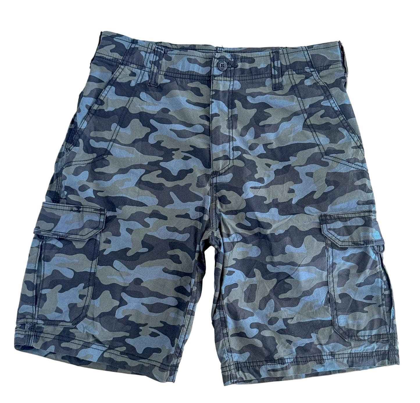 Vintage Lee Camo Cargo Pocket Blue Grey Woodland Camouflage Utility Jort Shorts, Large 34"Waist