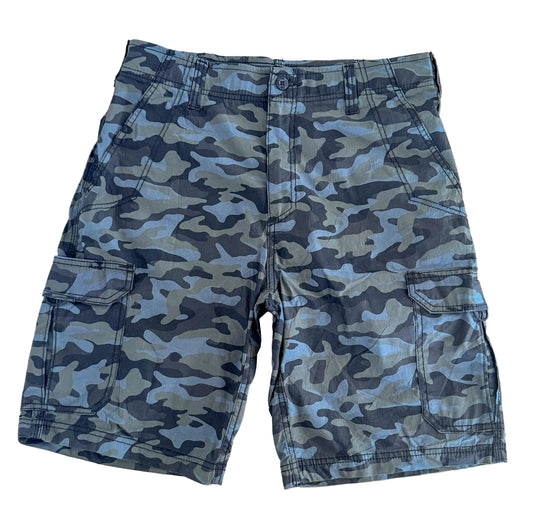 Vintage Lee Camo Cargo Pocket Blue Grey Woodland Camouflage Utility Jort Shorts, Large 34"Waist