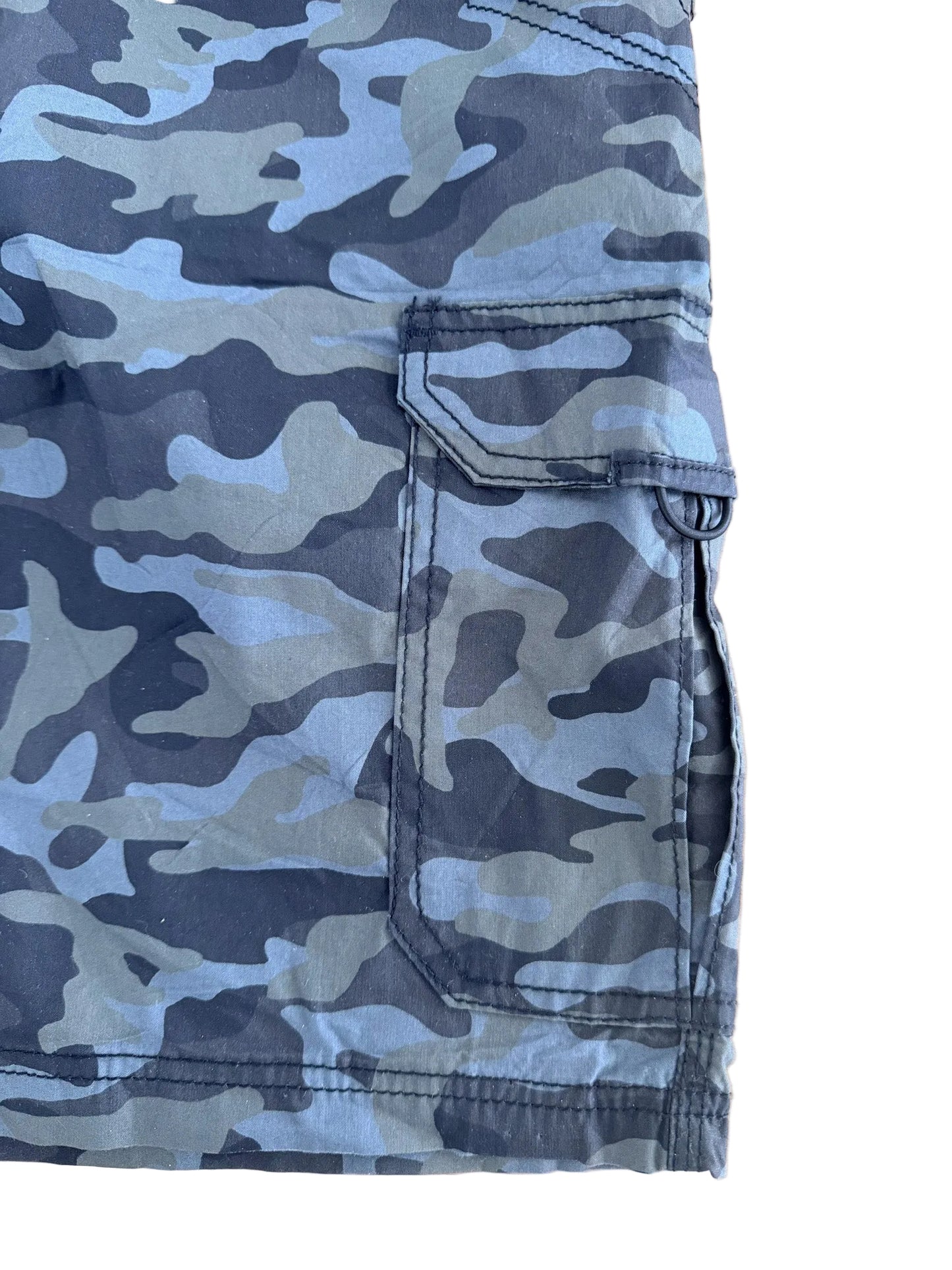 Vintage Lee Camo Cargo Pocket Blue Grey Woodland Camouflage Utility Jort Shorts, Large 34"Waist