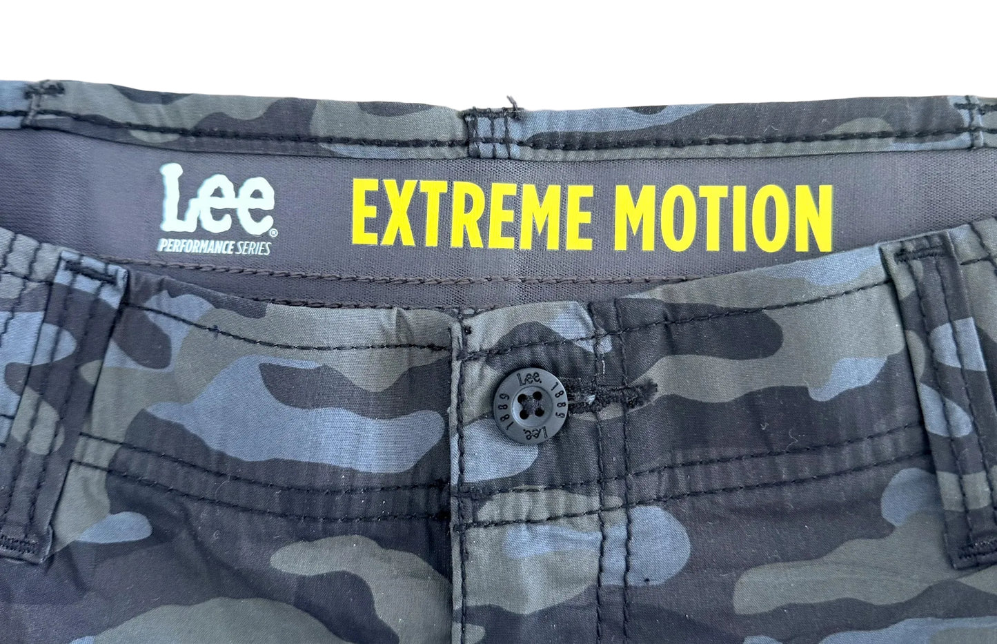 Vintage Lee Camo Cargo Pocket Blue Grey Woodland Camouflage Utility Jort Shorts, Large 34"Waist