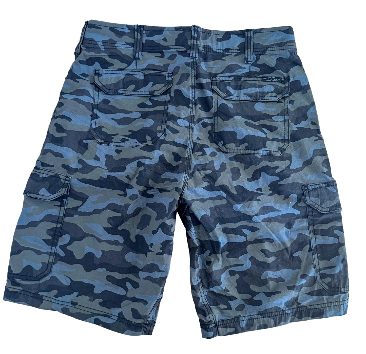Vintage Lee Camo Cargo Pocket Blue Grey Woodland Camouflage Utility Jort Shorts, Large 34"Waist