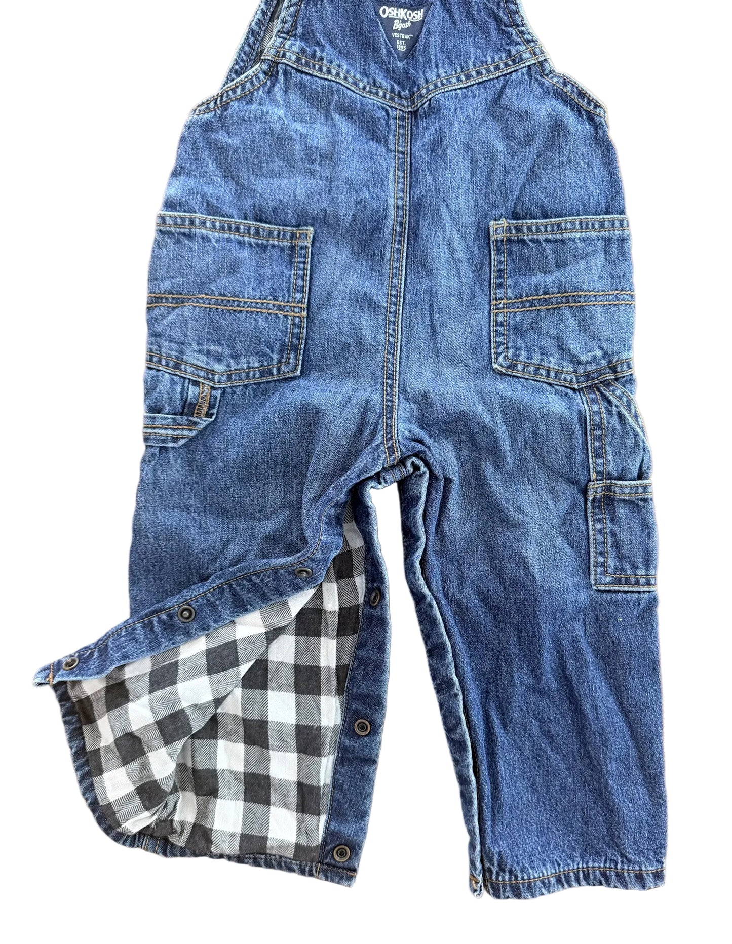 Vintage Kids OshKosh B'Gosh Snap Button Leg Gingham Lined Vestbak Denim Overalls Size 18-24 Months