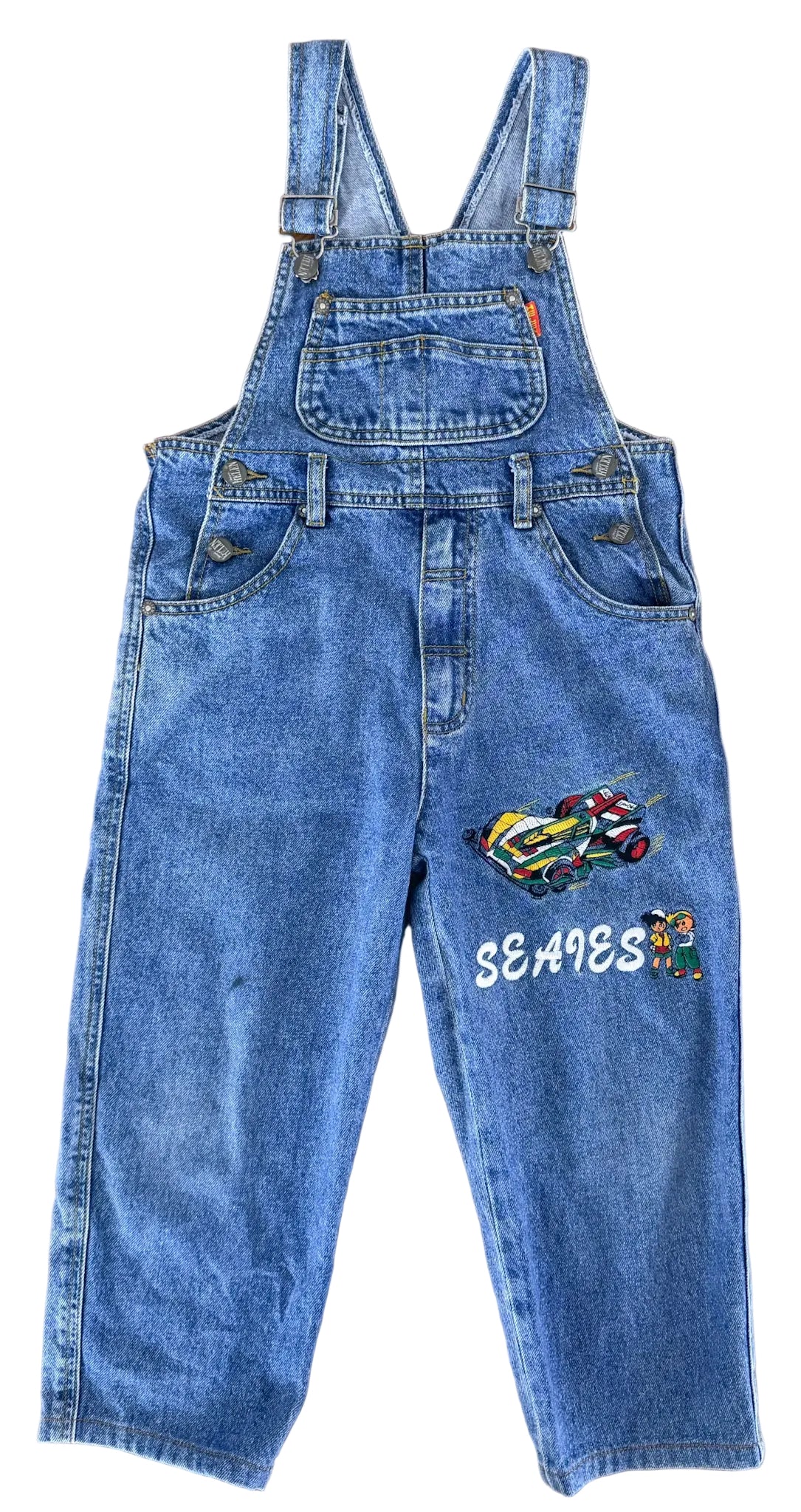 Vintage 90s Kids Embroidered Car Helen Jeans Denim Overalls Size 4-6 Years