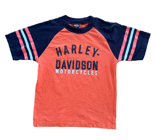 Vintage Kids Harley Davidson Raglan Orange & Black Logo Cotton T-shirt Size 6-7 Years