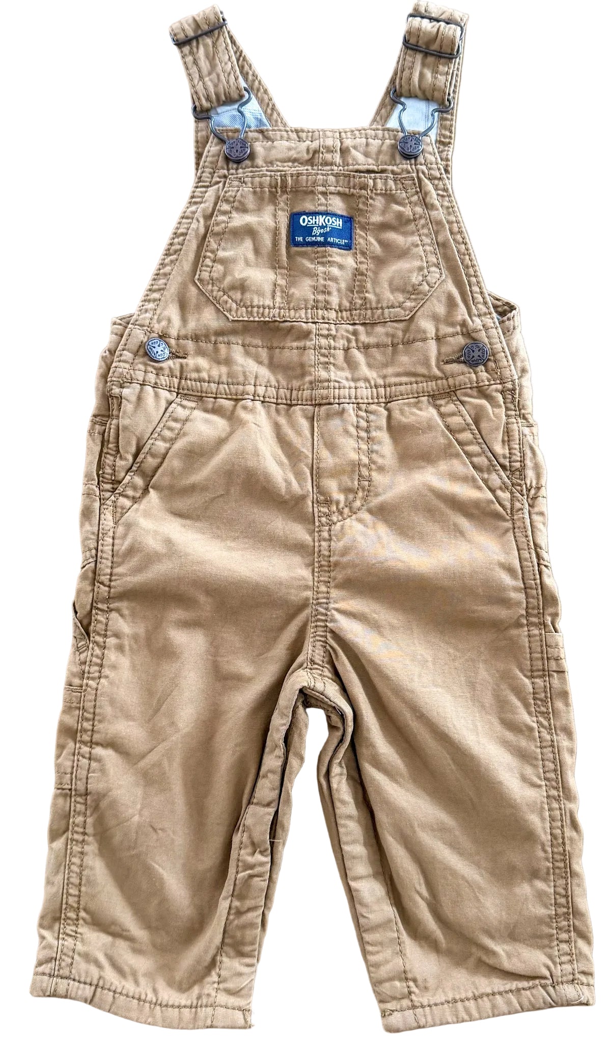 Vintage Kids OshKosh Bgosh Tan Cotton Snap Button Leg Overalls Size 9 Months